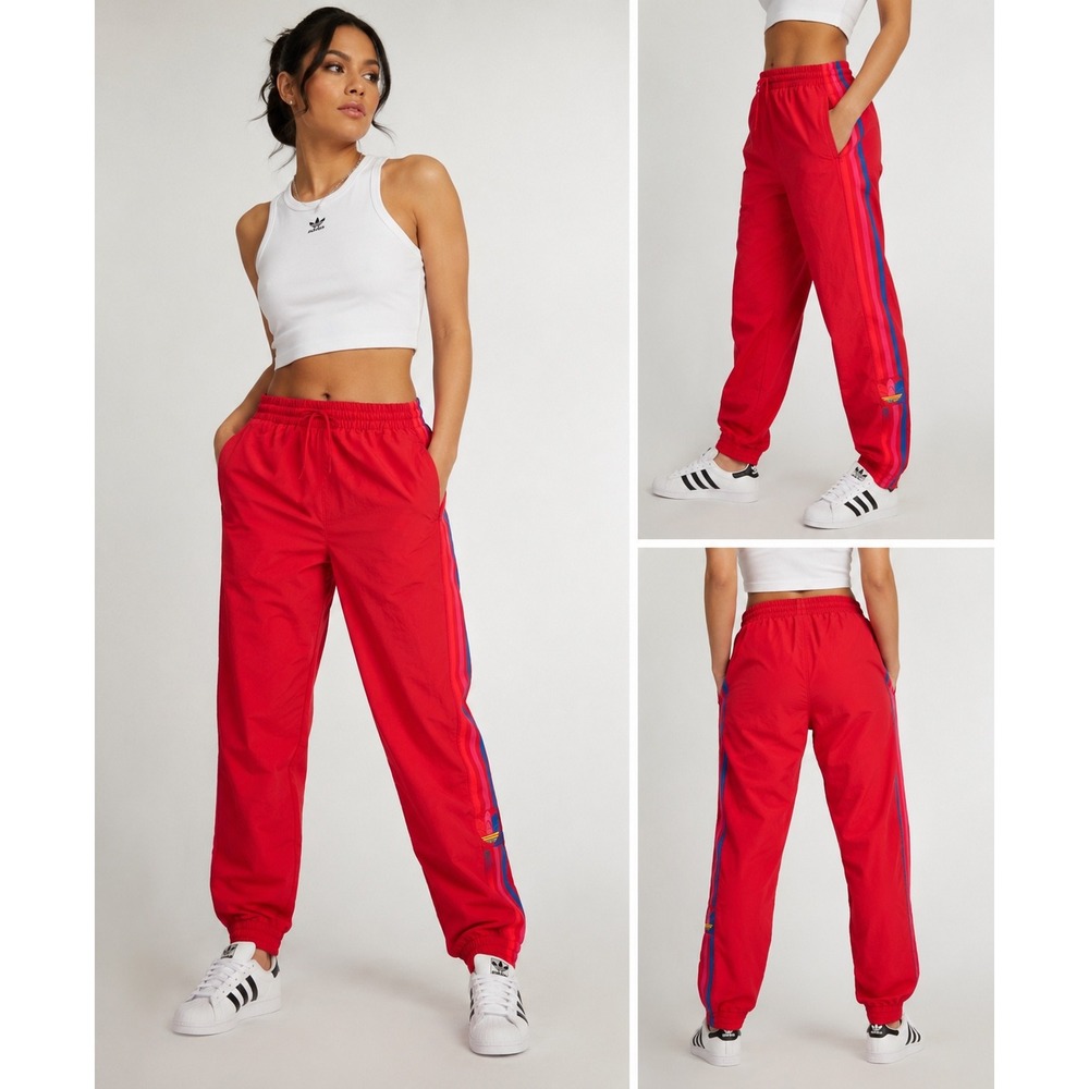 Adidas Originals Red Nylon Track Pants Multi Color Stripe Trefoil Joggers XS